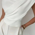 Short Sleeves Skinny Asymmetric Pleated Solid Color Split-Joint Asymmetric Neckline T-Shirts Tops