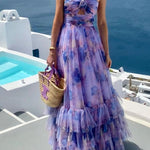 Dreamy Clouds Tulle Printed Rose Detail Cutout Ruffles Tiered Halter Maxi Dress
