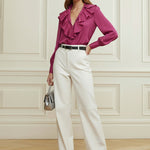 Long Sleeves Loose Ruffle Trim Solid Color V-Neck Blouses&Shirts Tops