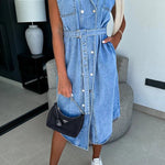Solid Color Casual Lapel Sleeveless Button Pocket Waist Tie Denim Midi Dress