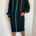 Long Sleeves Puff Sleeves Contrast Color Pockets Round-Neck Midi Dresses