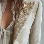 Ivory Velvet Embroidered Blazer With Lace Cuffs