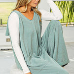 Green Pockets Oversized Ribbed Wide Leg Jumpsuit