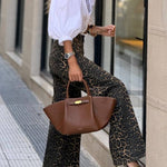 Wild denim leopard print high waist wide leg pocket pants