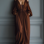 Women's Chocolate Brown Cotton And Linen Off-the-shoulder V-neck Long Dress