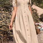 Short-sleeved v-neck solid color cotton and linen dress