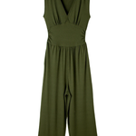 Moss Green Sleeveless V Neck Ruched Wide Leg Jumpsuit