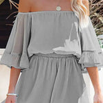 Paneled short-sleeved loose-fit solid chiffon jumpsuit