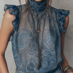 Vintage Pleated Neck Flutter Sleeves Paisley Chiffon Tank Top