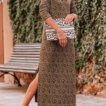 Leopard Round Neck Long Sleeve Split Maxi Dress