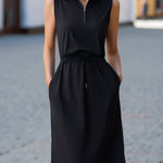 Sleeveless Zip-Collar Drawstring Waist Midi Dress