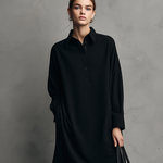 Women's Casual Black Sweatshirt-material Dress With Shirt Collar, Long Sleeves, And A Loose Fit