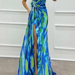 Amazing Views Watercolor Print Feather Rose Detail Off Shoulder Pleated Slit Maxi Dress