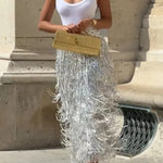 Evening Charm Layered Sequined Tassels High Rise Back Zipper Slit Midi Skirt