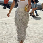Evening Charm Layered Sequined Tassels High Rise Back Zipper Slit Midi Skirt