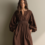 Women's Casual Brown Cotton And Linen V-neck Long-sleeved Maxi Dress With Elastic Waist