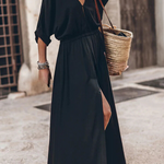 Soft and Elegant Kimono Sleeve Stretchy Waist Pocketed Slit Maxi Dress