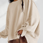 Long Sleeves Loose Fringed Solid Color Split-Joint Split-Side Round-Neck Sweatershirt