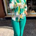 Long Sleeves Buttoned Printed Lapel Blouses Top + High Waisted Pants Bottom Two Pieces Set