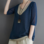 Artistic False Two Loose Ramie Cotton Half Sleeve Shirt