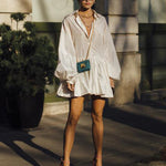 Urban Puff Sleeves Buttoned Split-Joint Solid Color Lapel Mini Dresses Shirt Dress