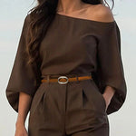 Loose Puff Sleeves Asymmetric Solid Color Split-Joint One-Shoulder Blouses&Shirts Tops