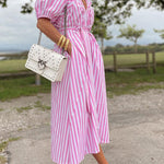 Striped Bud Sleeve V-Neck Belted Waist Dress
