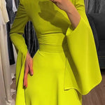 Ruffle Sleeves Skinny Belted Solid Color Round-Neck Maxi Dresses