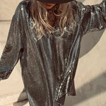 Party Queen Glitter Fabric V-neck Balloon Sleeve Loose Mini Dress
