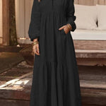 V-neck long-sleeved loose-fitting long skirt