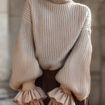 Cream Knit Turtleneck Sweater With Ruffled Cuffs