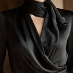 Black Draped Silk Blouse With Neck Tie Detail