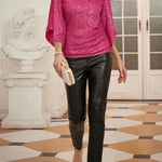 Solid Color Sequined V-neck Hollow Sleeve Slim Fit Top