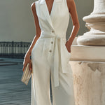 White Belted Jumpsuit With Sleeveless Design