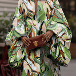 Long Sleeves Loose Buttoned Elasticity Printed Lapel Midi Dresses Shirt Dress