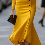 Bodycon High-Low Buttoned Solid Color Lapel Midi Dresses