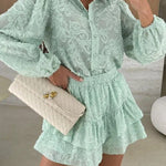 Unique Lace Texture Fabric Balloon Sleeve Blouse and Elastic Waist Layered Skirt Set