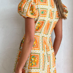 Orange V-neck Square Print Wavy Maxi Skirt