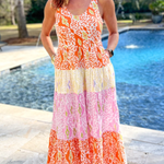 Orange Knotted Straps Leopard Colorblock Tiered Dress