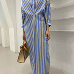 Long Sleeves Loose Buttoned Contrast Color Pockets Striped Lapel Midi Dresses Shirt Dress