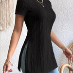 Short Sleeves Pleated Solid Color Split-Joint Split-Side Round-Neck T-Shirts