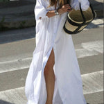 Long Sleeves Loose Buttoned Solid Color Split-Side Lapel Maxi Shirt Dress