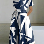 Short Sleeves Printed Lapel Maxi Dresses
