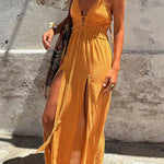 Linen Blend Elastic Waist Halter Backless Pocket Slit Midi Dress