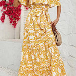 Off-shoulder short-sleeved printed ruffled maxi dress