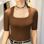 Simple Solid Color Square-Neck Half Sleeves Shirt