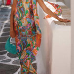 Rainbow Breeze Satin Unique Print Bow One Shoulder Loose Maxi Dress