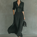 Women's Solid Color Pleated Lapel Waist Long Sleeve Maxi Dress