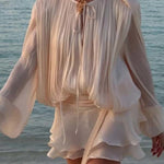 Ninah Glitter Fabric Pleated Balloon Sleeve Tiered Ruffle Hem Mini Dress