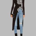 Long Sleeves Asymmetric Printed Split-Joint High Neck Pullovers Sweater Tops
